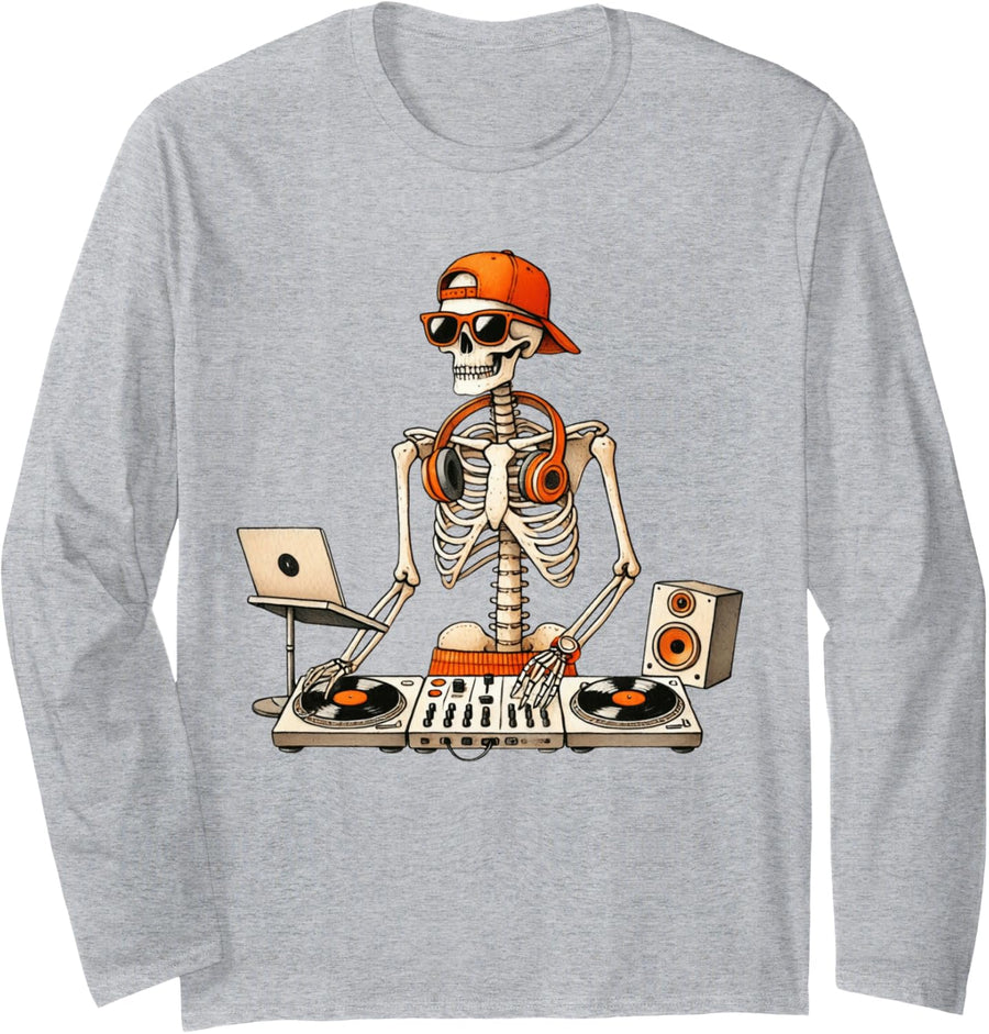 Skeleton DJ Halloween Costume Turntable Music Funny Men Boys Long Sleeve T-Shirt - Adult Unisex Heather Grey