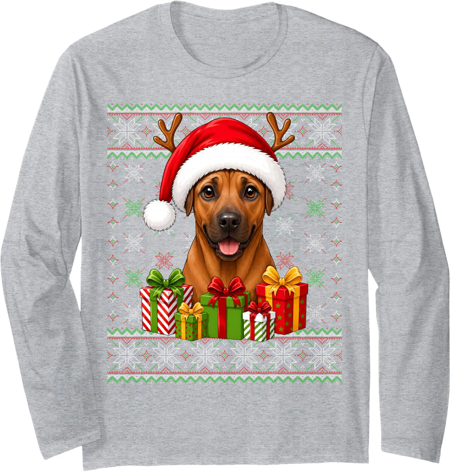 Rhodesian Ridgeback Dog Christmas Ugly Sweaters Festive Xmas Long Sleeve T-Shirt - Adult Unisex Heather Grey