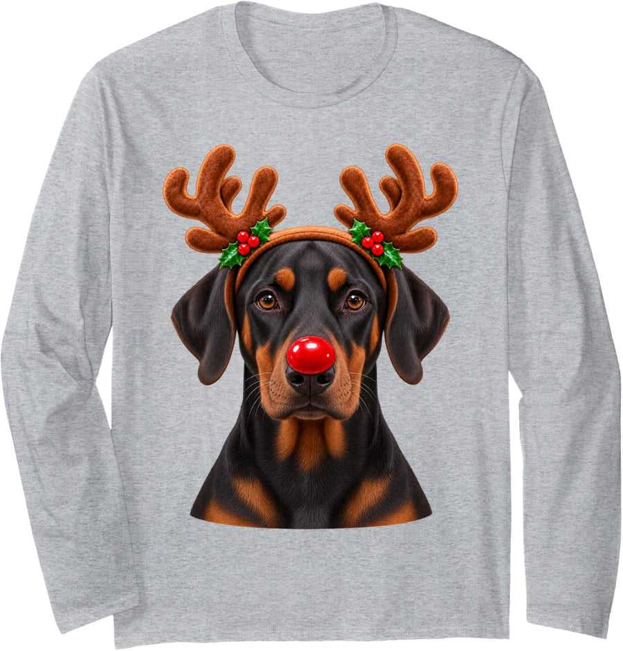 Christmas Doberman Pinscher Reindeer Dog Lover Doberman Mom Long Sleeve T-Shirt - Adult Unisex Heather Grey