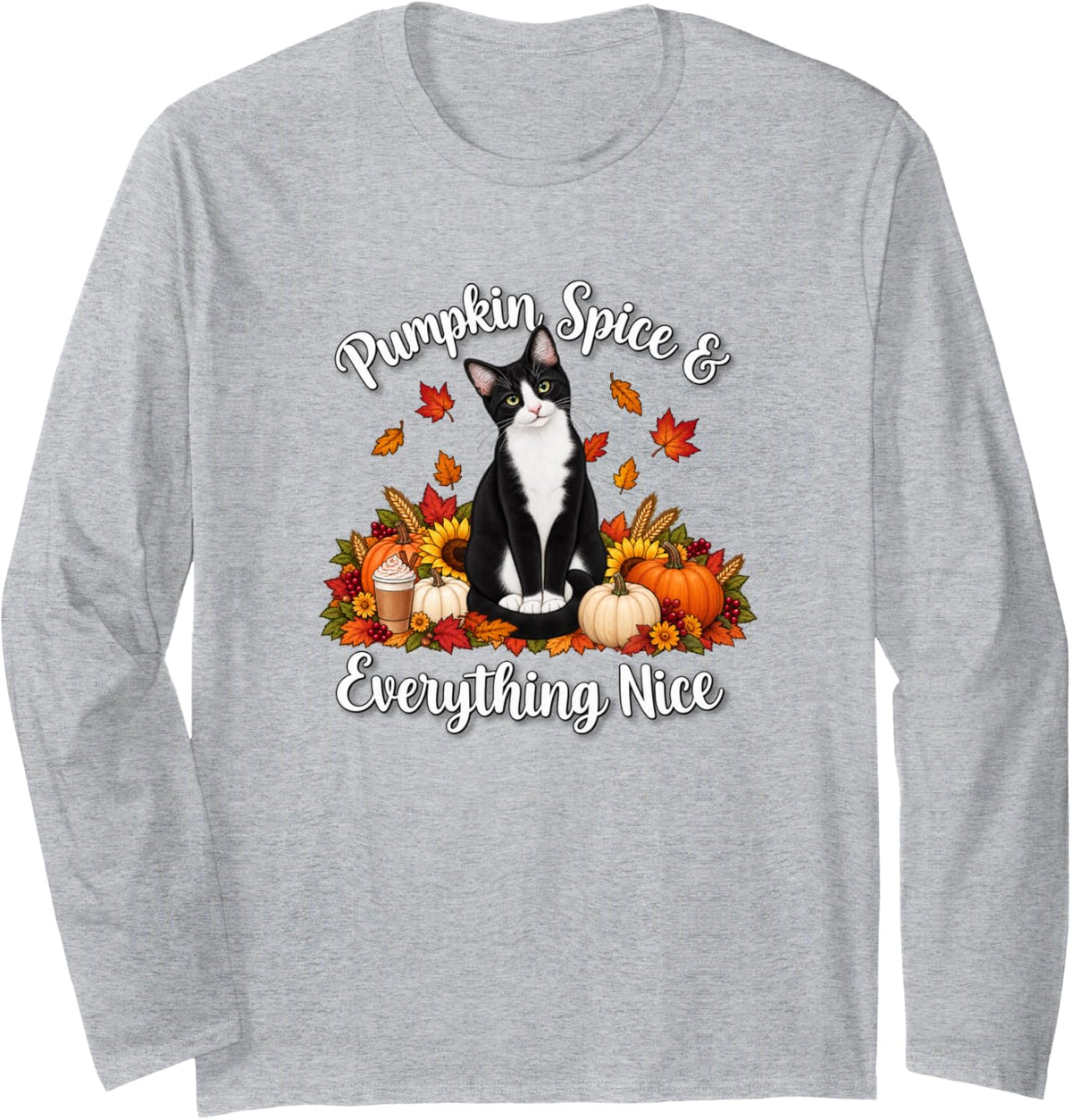Womens Moms Fall PSL Pumpkin Spice Black White Tuxedo Cat Long Sleeve T-Shirt - Adult Unisex Heather Grey