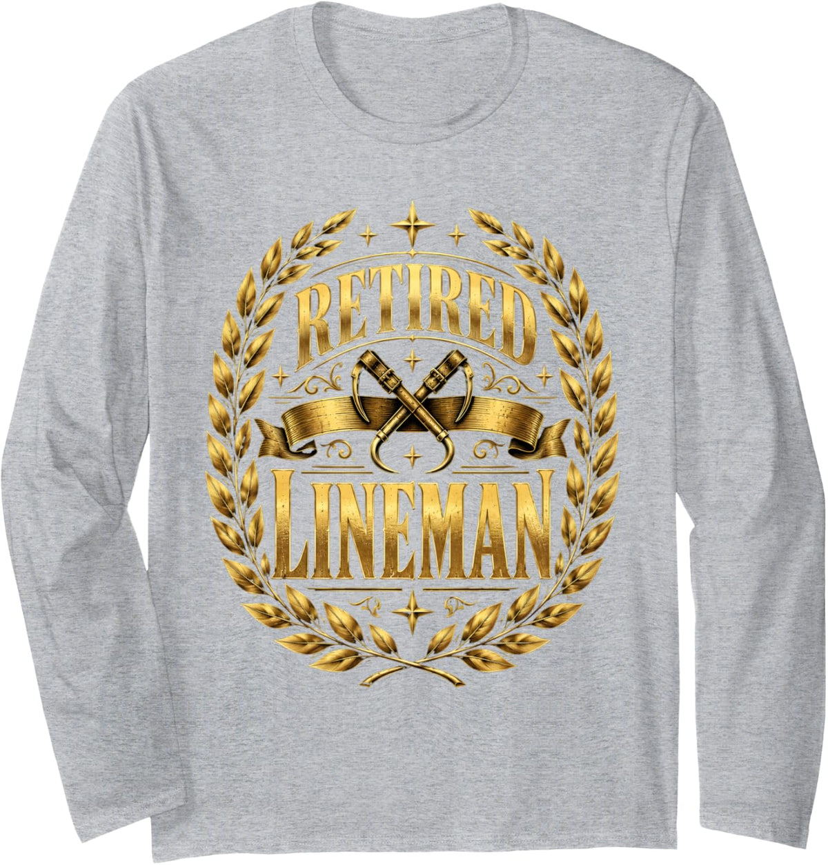 Retired Lineman Golden Laurel Emblem Long Sleeve T-Shirt - Adult Unisex Heather Grey