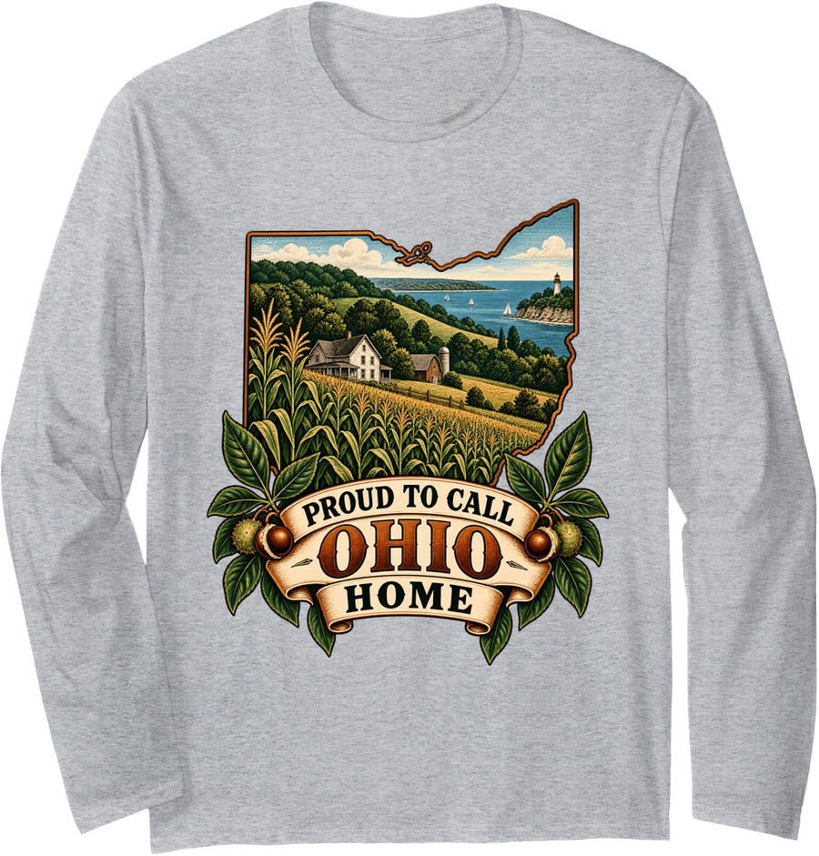 Proud to Call Ohio Home Lake Erie Farmland State Pride Long Sleeve T-Shirt - Adult Unisex Heather Grey