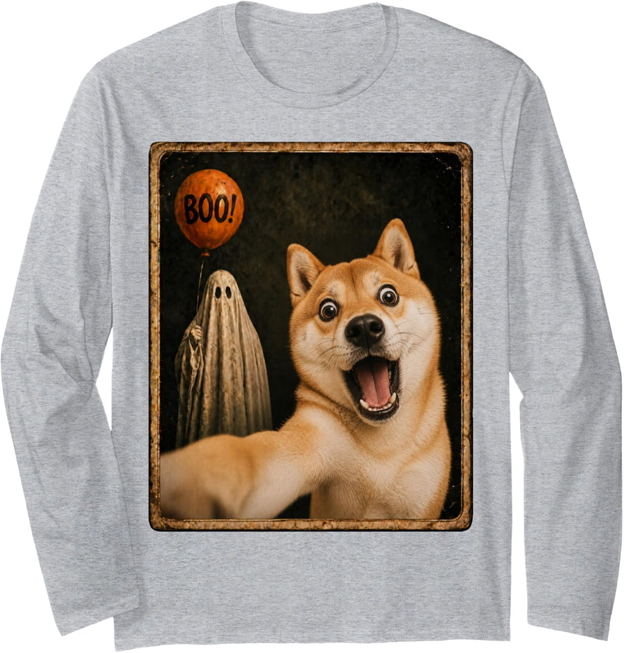 Shiba Inu Halloween Ghost Selfie Boo Dog Meme Graphic Long Sleeve T-Shirt - Adult Unisex Heather Grey