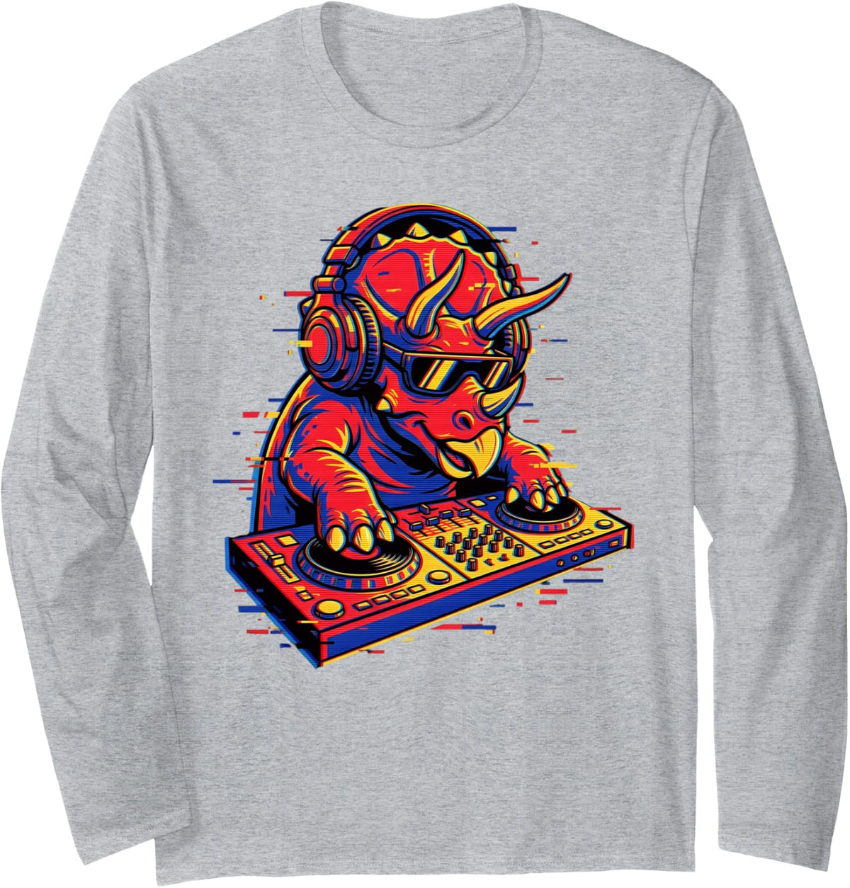 Turntable DJ Triceratops House Music Techno Long Sleeve T-Shirt - Adult Unisex Heather Grey