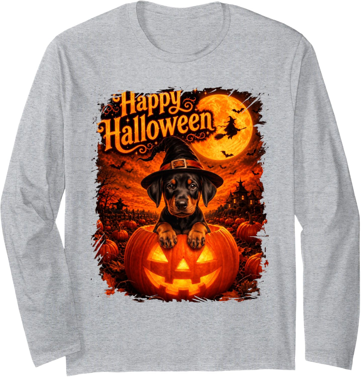 Cute Doberman Pinscher Dog Happy Halloween Night Long Sleeve T-Shirt - Adult Unisex Heather Grey