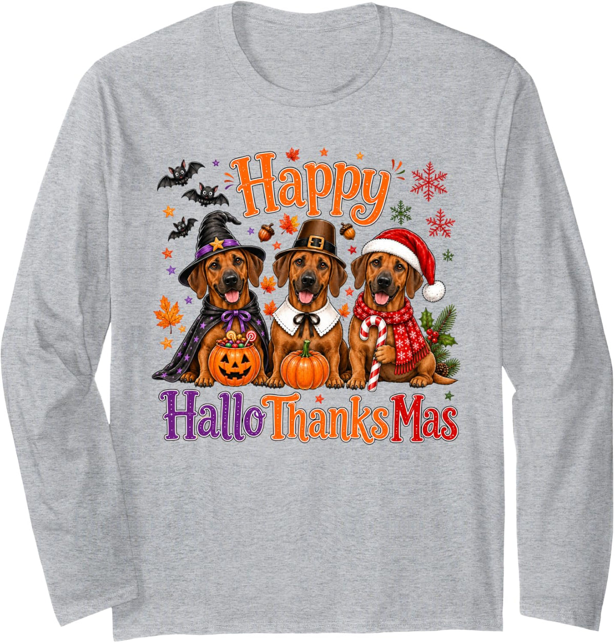 Rhodesian Ridgeback Happy Hallothanksmas Halloween Long Sleeve T-Shirt - Adult Unisex Heather Grey