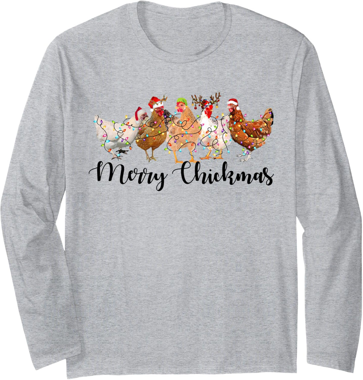 Merry Chickmas Merry Christmas Chicken Christmas Lights Long Sleeve T-Shirt - Adult Unisex Heather Grey