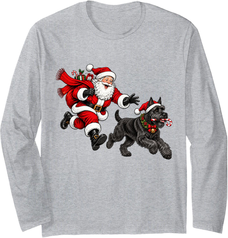 Funny Santa Chasing Giant Schnauzer Christmas Dog Mom Pet Long Sleeve T-Shirt - Adult Unisex Heather Grey