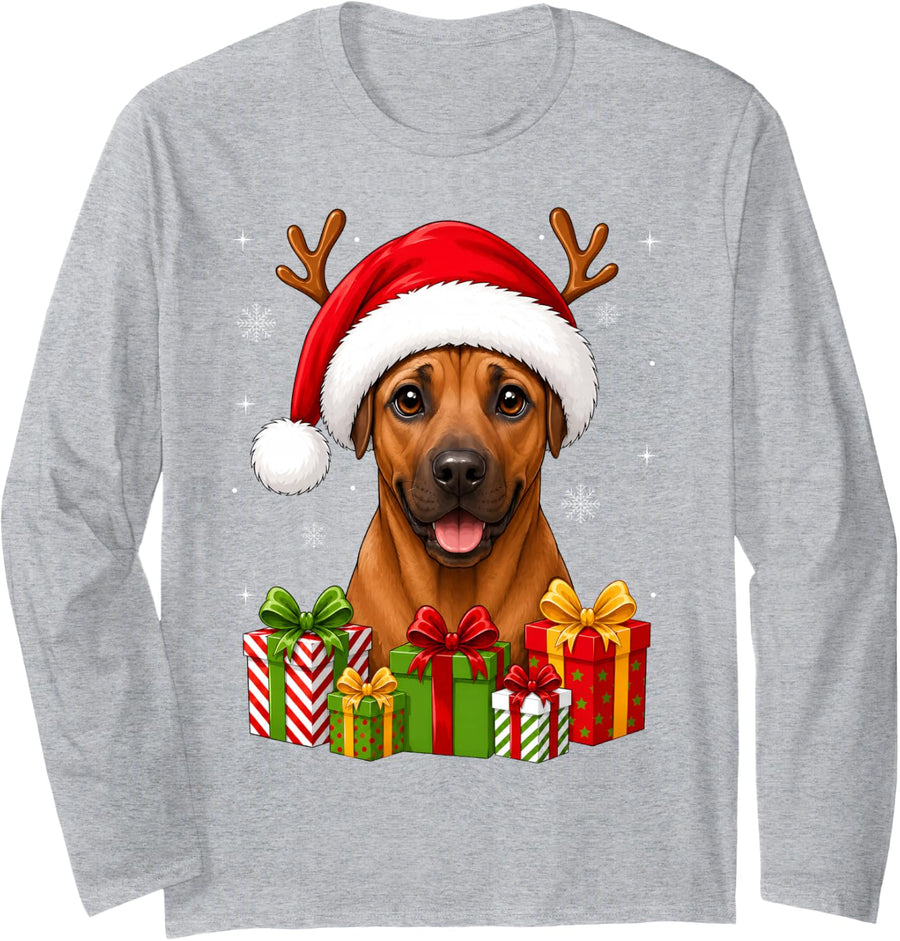 Xmas Decor Festive Santa Rhodesian Ridgeback Dog Christmas Long Sleeve T-Shirt - Adult Unisex Heather Grey