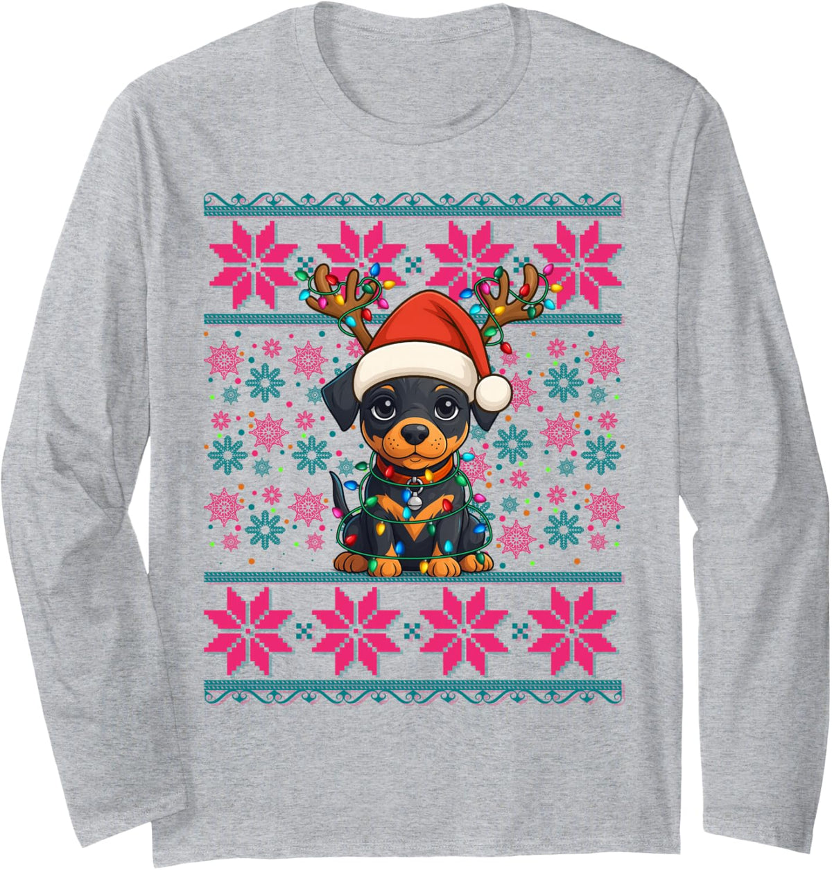 Santa Hat Ugly Christmas Lights Doberman Pinscher Dog Girls Long Sleeve T-Shirt - Adult Unisex Heather Grey