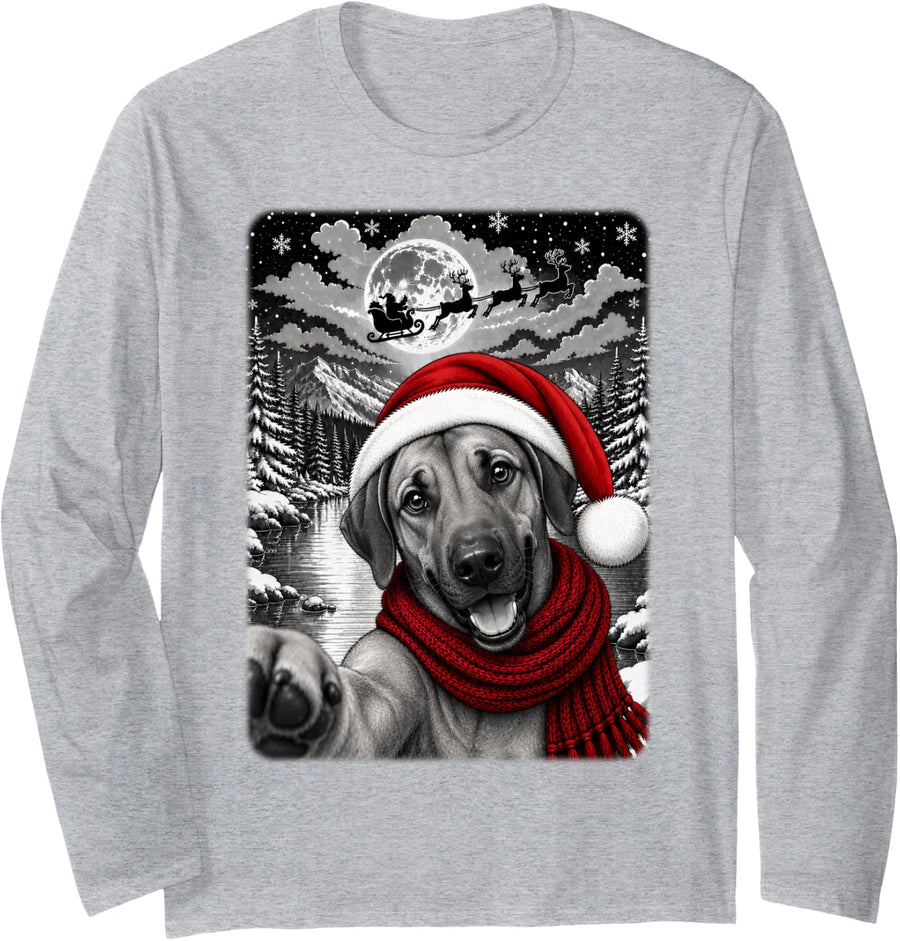Rhodesian Ridgeback Dog Christmas Selfie Night Starry Sky Long Sleeve T-Shirt - Adult Unisex Heather Grey