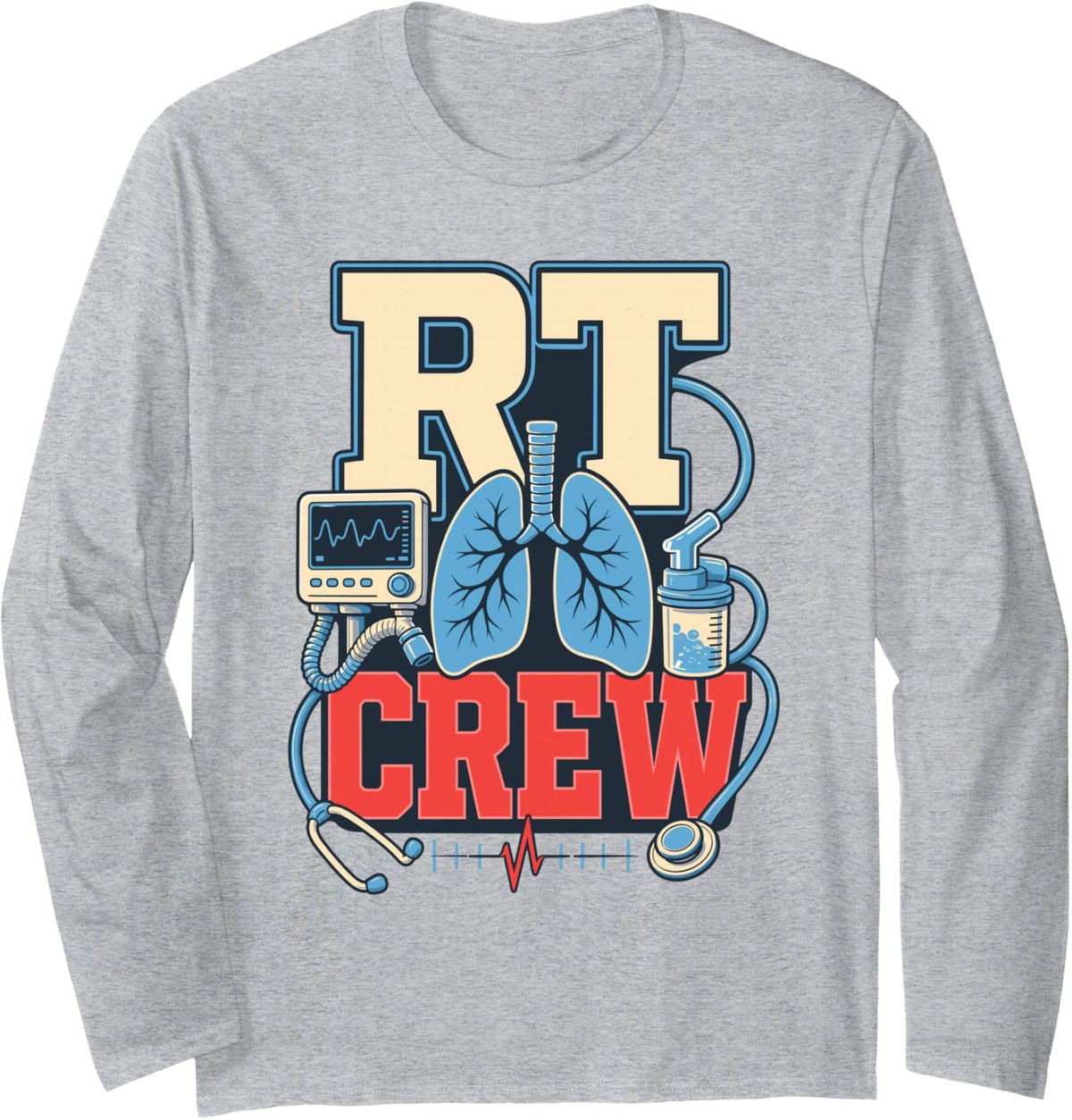 RT Crew Respiratory Therapist Medical Long Sleeve T-Shirt - Adult Unisex Heather Grey