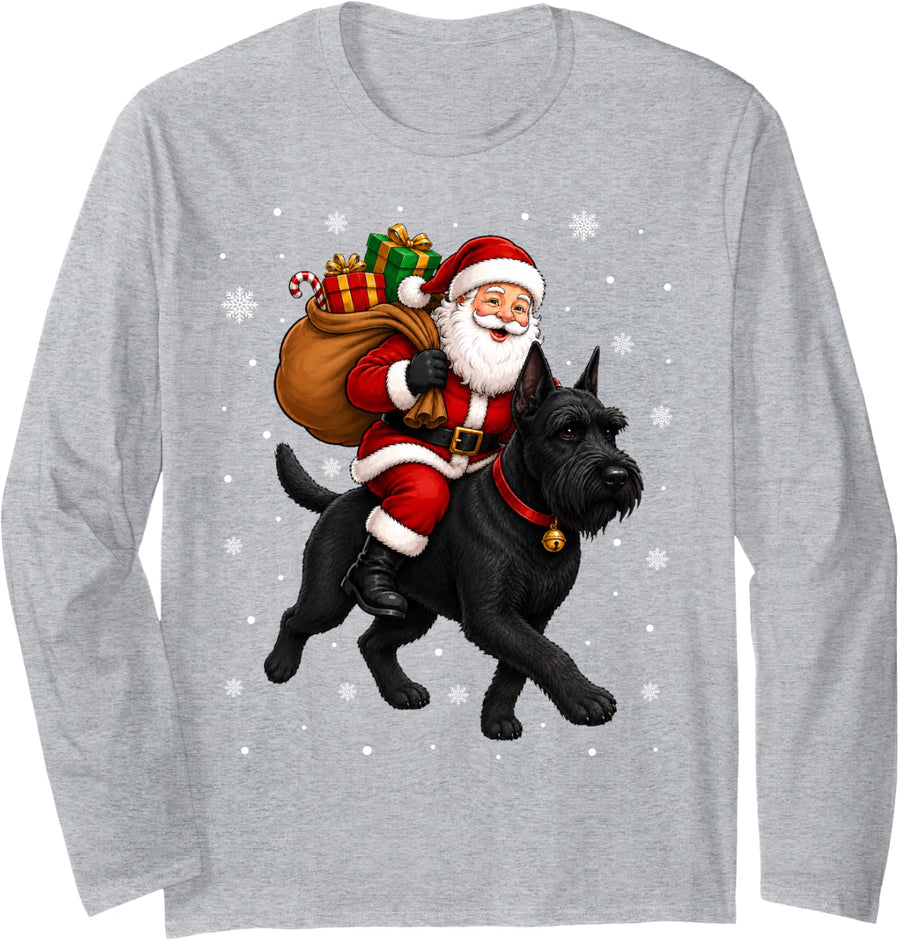 Festive Funny Santa Riding Giant Schnauzer Dog Christmas Long Sleeve T-Shirt - Adult Unisex Heather Grey