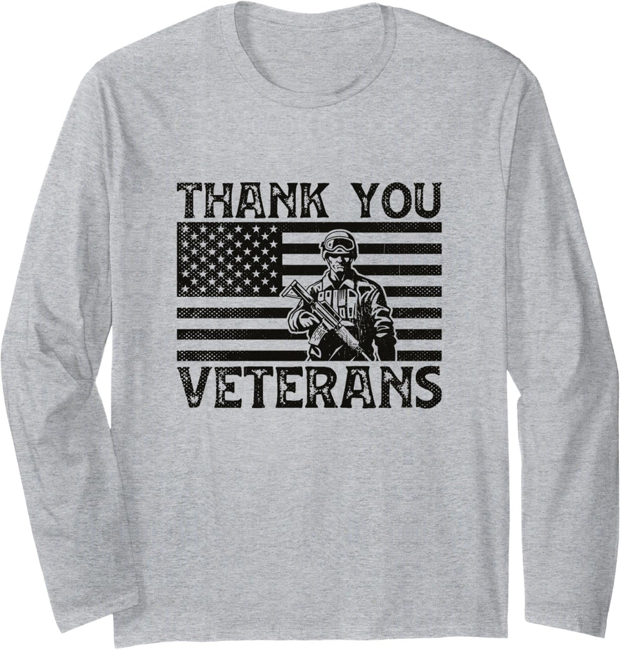 Thank You Veterans Soldier Memorial Day Patriotic Veteran Long Sleeve T-Shirt - Adult Unisex Heather Grey