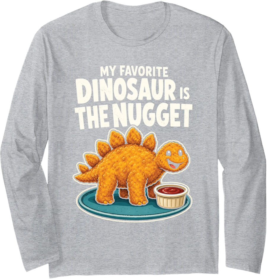 Funny Kids Stegosaurus My Favorite Dinosaur is The Nugget Long Sleeve T-Shirt - Adult Unisex Heather Grey