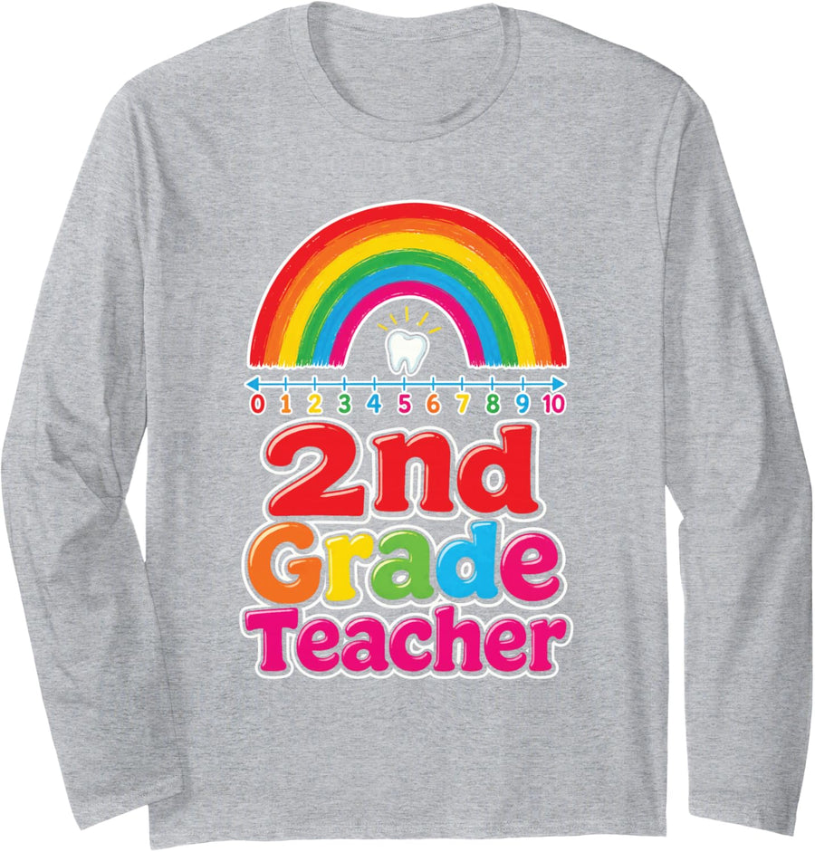 2nd Grade Teacher Rainbow Elementary School Gift Idea Long Sleeve T-Shirt - Adult Unisex Heather Grey