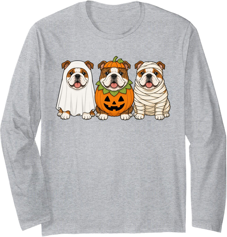 Spooky English Bulldog Pumpkin Ghost Halloween Dog Lover Long Sleeve T-Shirt - Adult Unisex Heather Grey