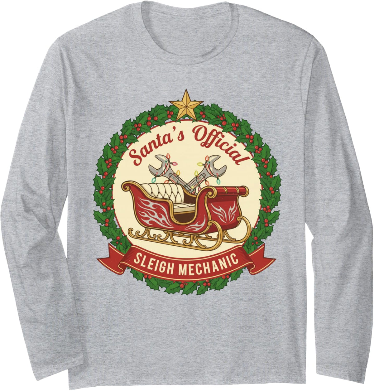 Santa's Sleigh Mechanic Funny Christmas Mechanic Graphic Long Sleeve T-Shirt - Adult Unisex Heather Grey