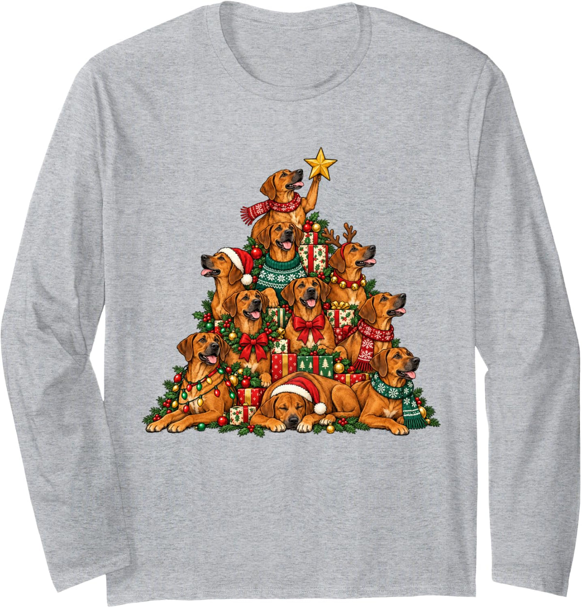 Funny Rhodesian Ridgeback Christmas Lights Tree Dog Lover Long Sleeve T-Shirt - Adult Unisex Heather Grey
