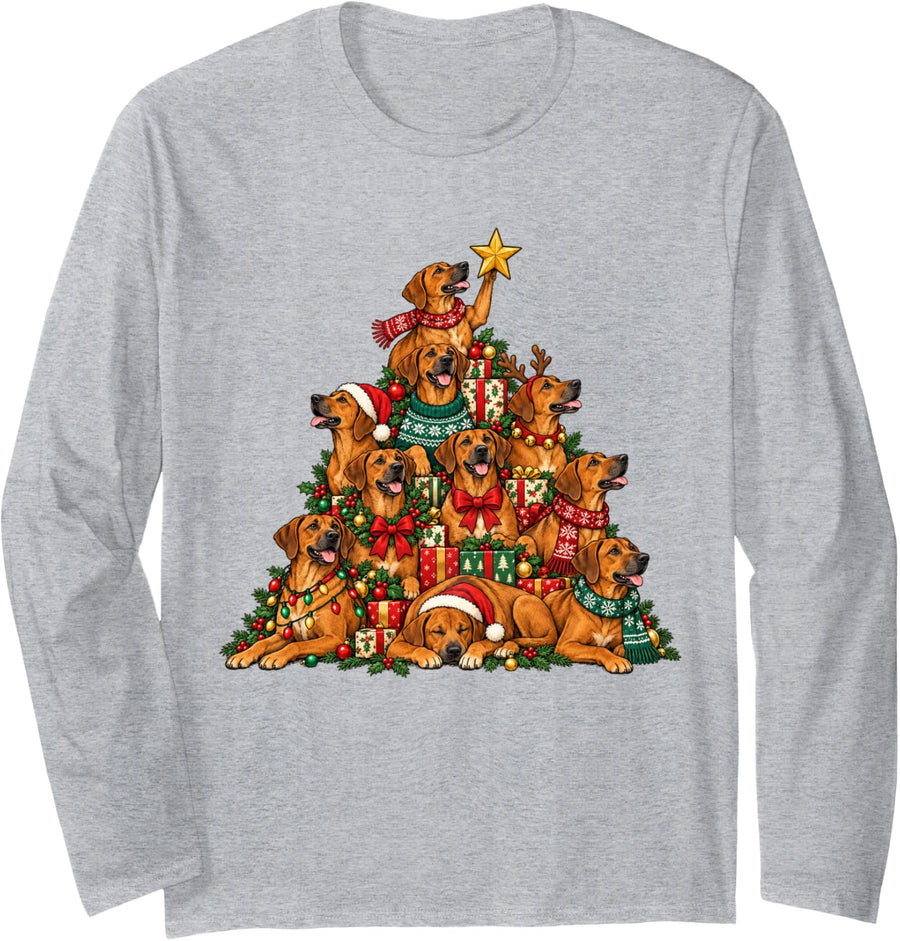Funny Rhodesian Ridgeback Christmas Lights Tree Dog Lover Long Sleeve T-Shirt - Adult Unisex Heather Grey