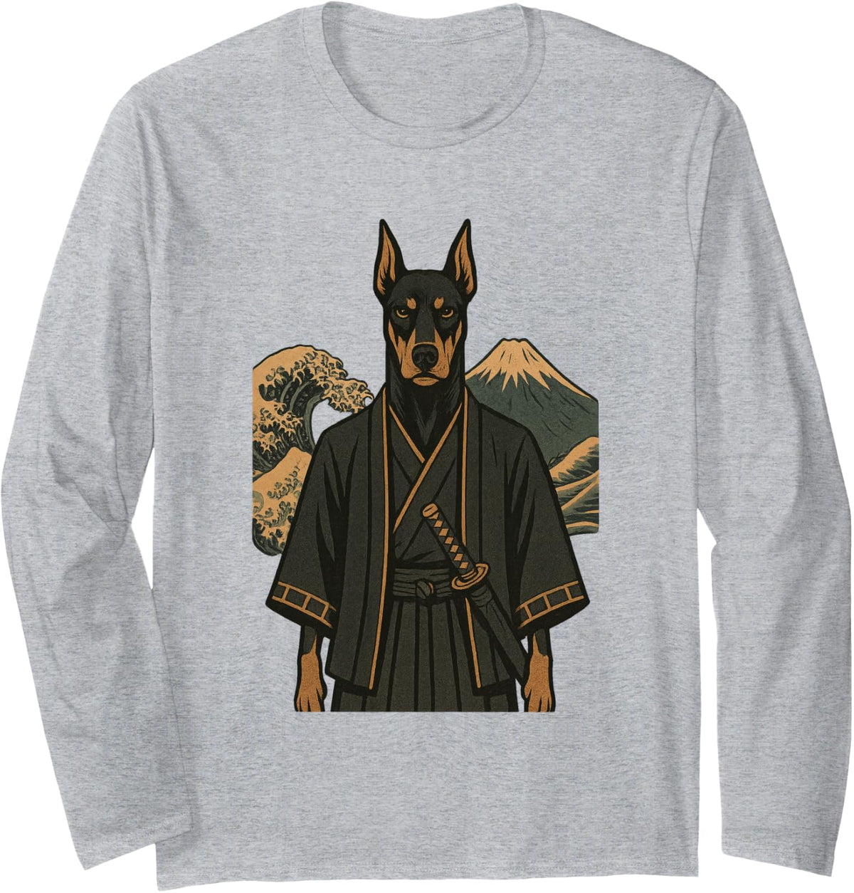Doberman Pinscher Samurai Japanese Wave Mountain Art Long Sleeve T-Shirt - Adult Unisex Heather Grey