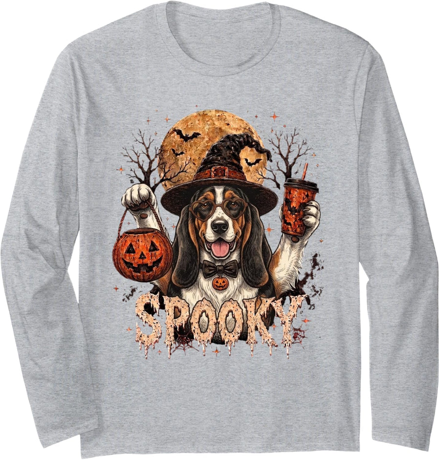 Funny Spooky Ghost Basset Hound Halloween Dog Lover Long Sleeve T-Shirt - Adult Unisex Heather Grey