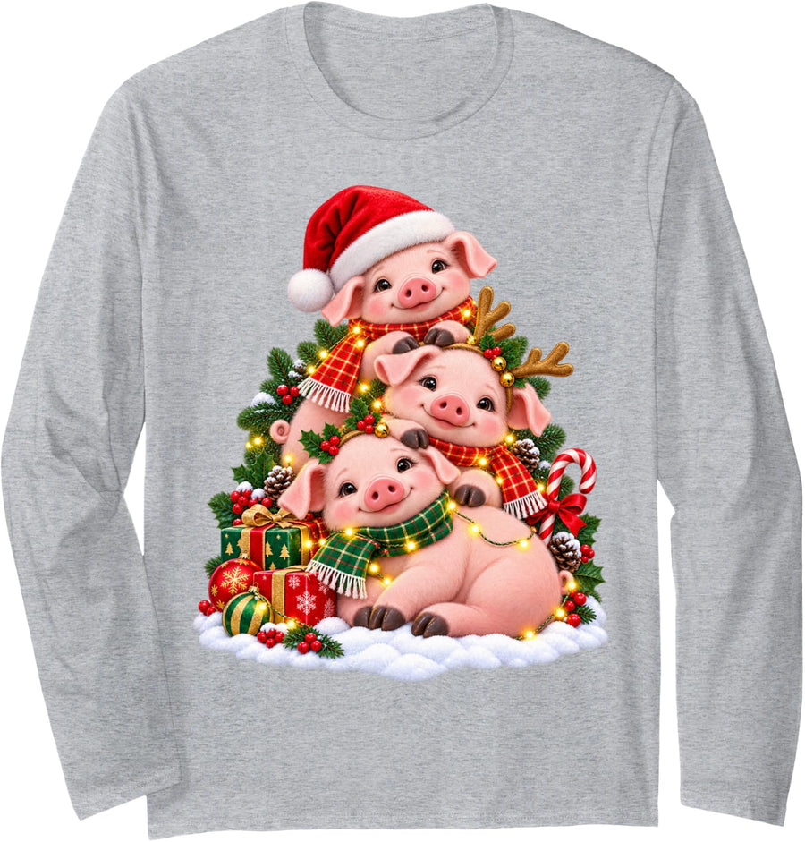 Joyful Pig Holiday Animal Lover Graphic Long Sleeve T-Shirt - Adult Unisex Heather Grey