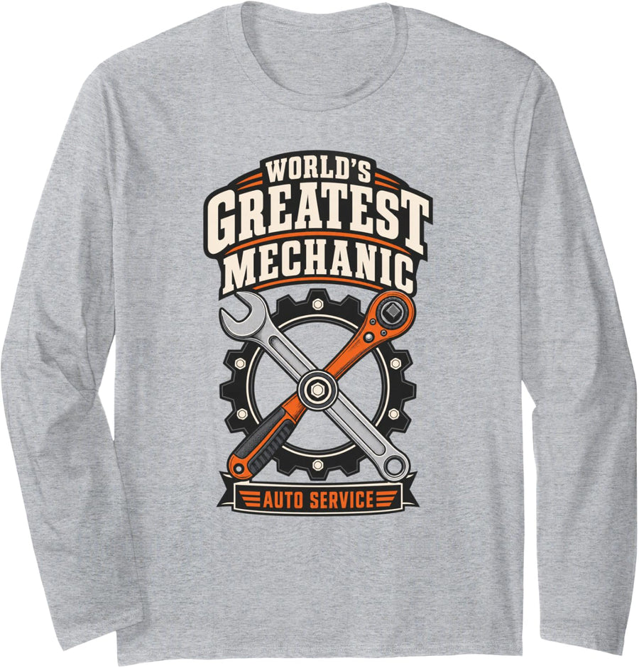 World's Greatest Mechanic Auto Service Automotive Long Sleeve T-Shirt - Adult Unisex Heather Grey