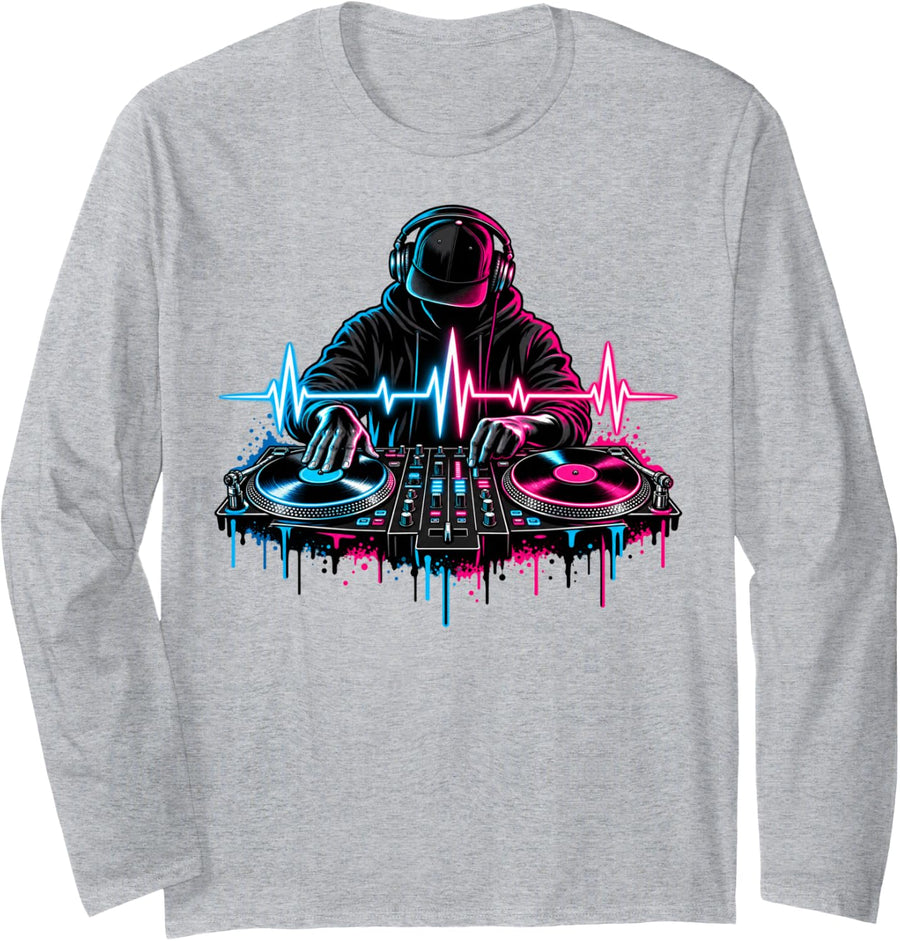 DJ Turntable Headphones Heartbeat Electronic Music Mix Art Long Sleeve T-Shirt - Adult Unisex Heather Grey