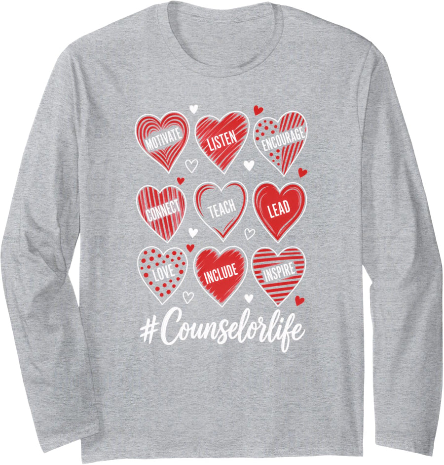 School Counselor #counselorlife Hearts Motivate Inspire Long Sleeve T-Shirt - Adult Unisex Heather Grey