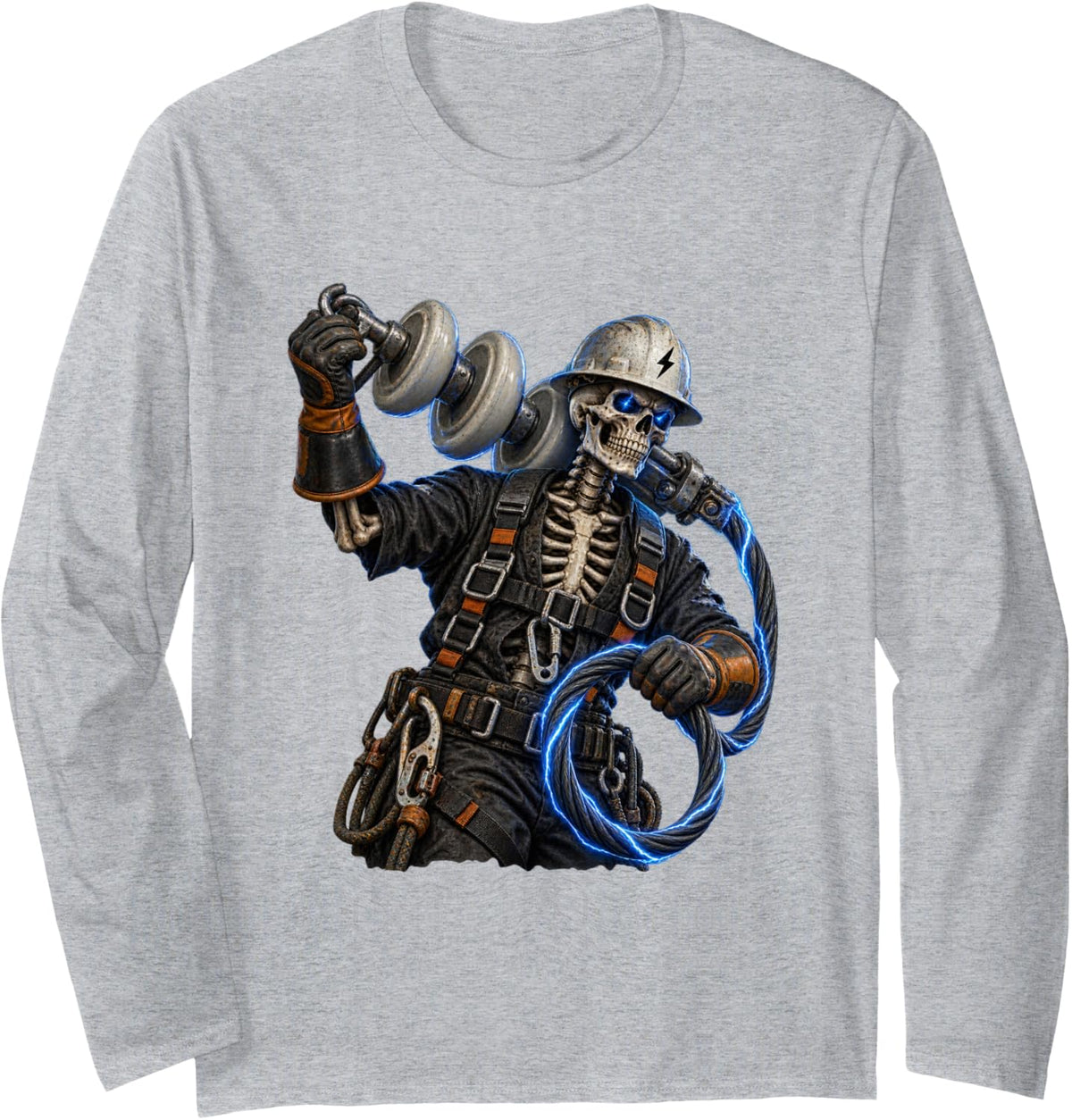 Scary Skeleton Lineman Design for Lineworkers and Lineman Long Sleeve T-Shirt - Adult Unisex Heather Grey