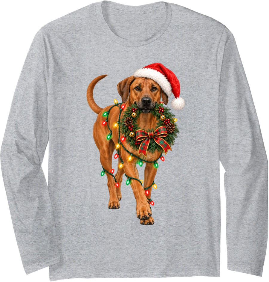Rhodesian Ridgeback Christmas Wreath Decoration Xmas Pajamas Long Sleeve T-Shirt - Adult Unisex Heather Grey