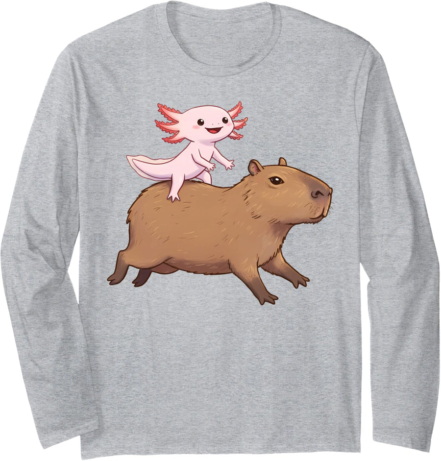 Funny Kawaii Axolotl and Capybara Lover Kids Girls Men Women Long Sleeve T-Shirt - Adult Unisex Heather Grey