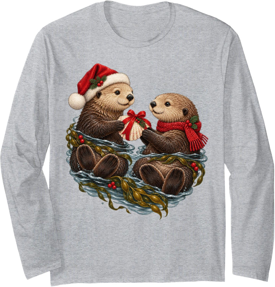 Sea Otter Gift Christmas Animal Long Sleeve T-Shirt - Adult Unisex Heather Grey