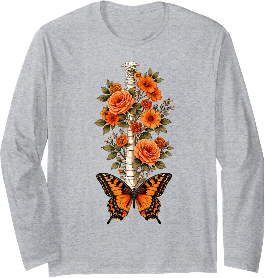 Floral Spine Skeleton Chiropractor Funny Halloween Long Sleeve T-Shirt - Adult Unisex Heather Grey