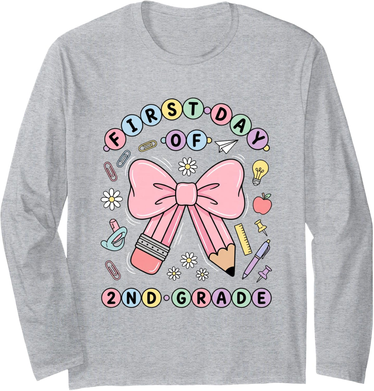 First Day of 2ND Grade Girls Back to School Pink Bow Long Sleeve T-Shirt - Adult Unisex Heather Grey