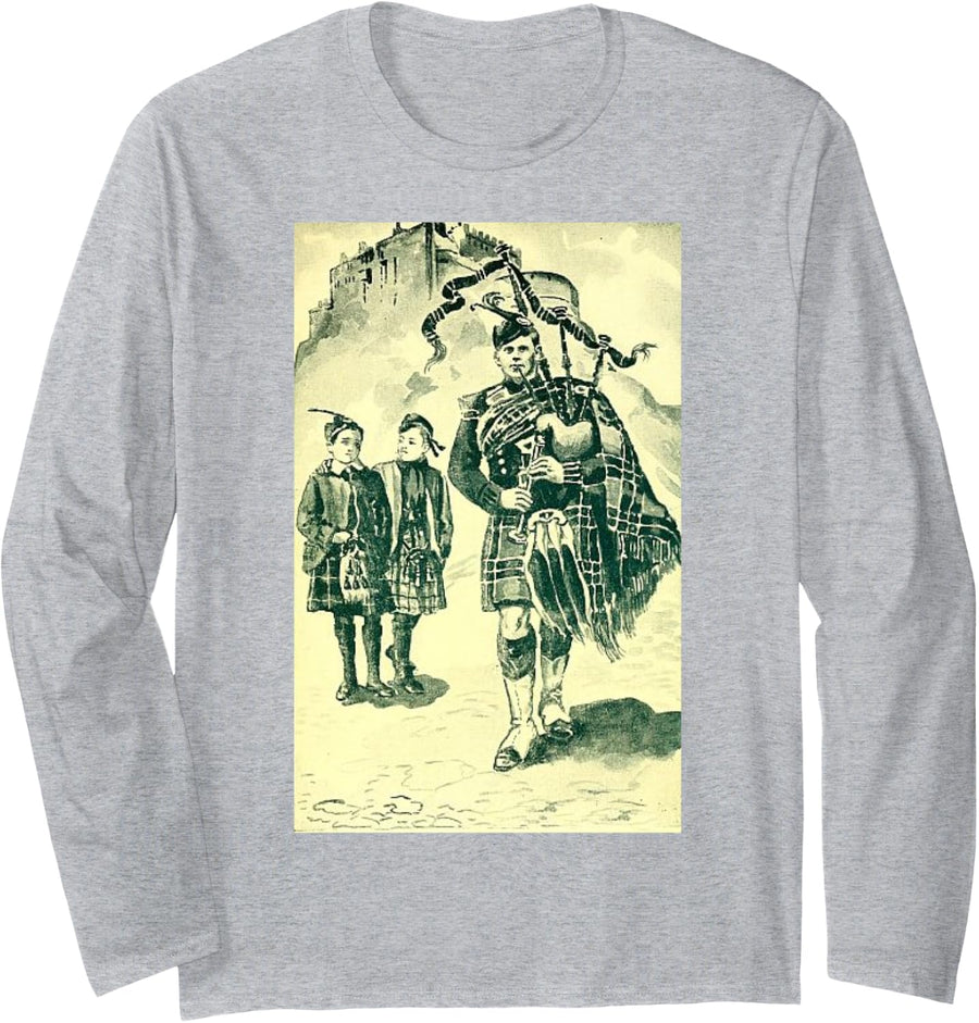 Vintage Scottish Piper bagpipes Long Sleeve T-Shirt - Adult Unisex Heather Grey