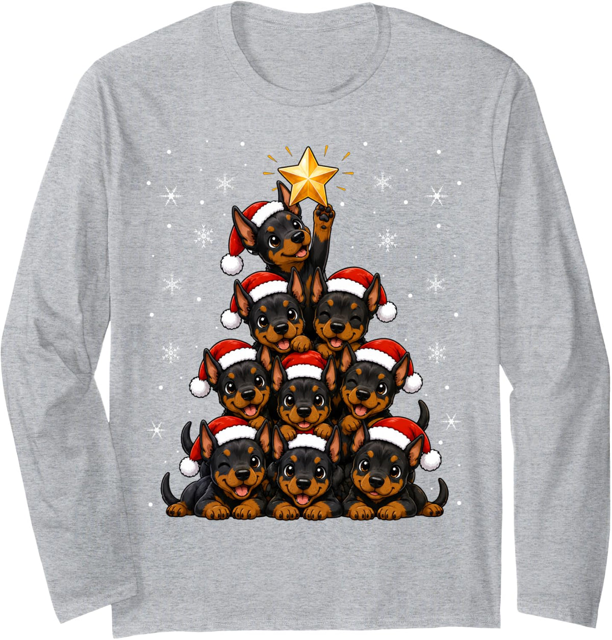 Cute Festive Santa Hat Doberman Pinscher Dog Christmas Tree Long Sleeve T-Shirt - Adult Unisex Heather Grey