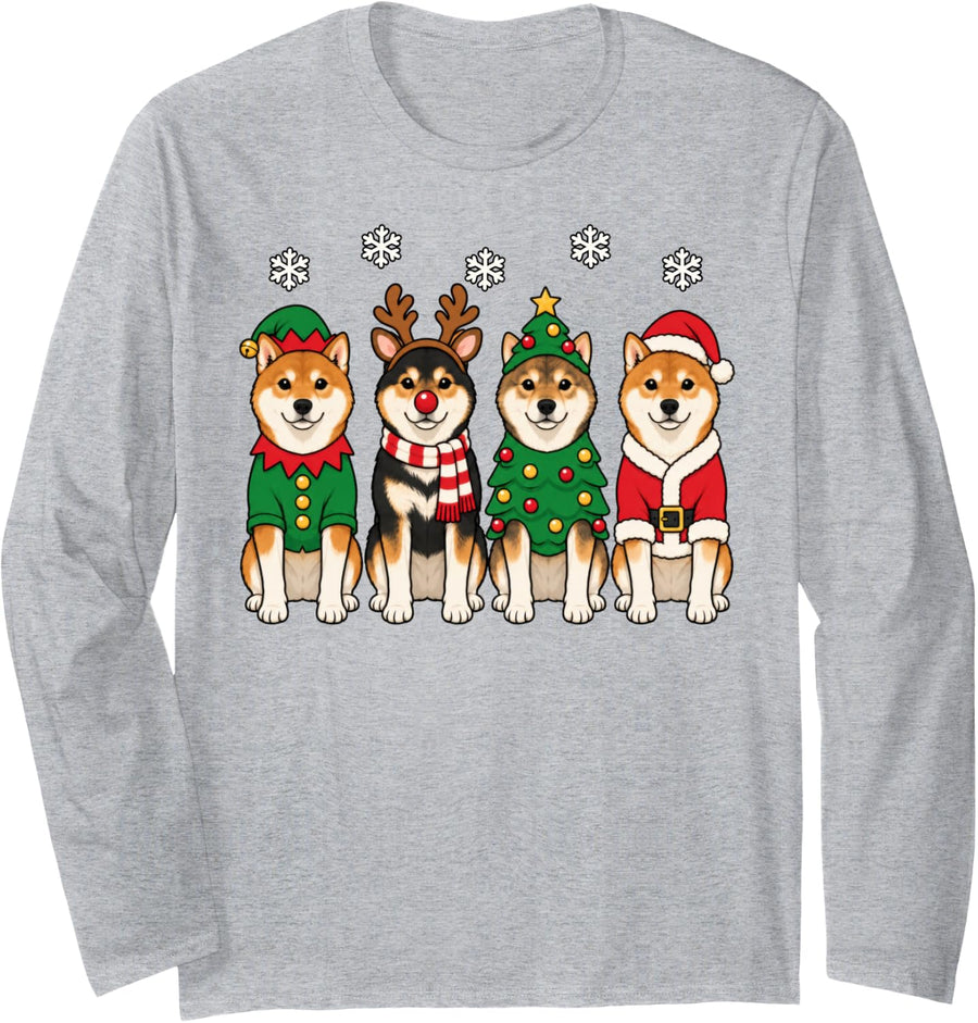 Shiba Inu Christmas Reindeer Santa Dog Lover Long Sleeve T-Shirt - Adult Unisex Heather Grey