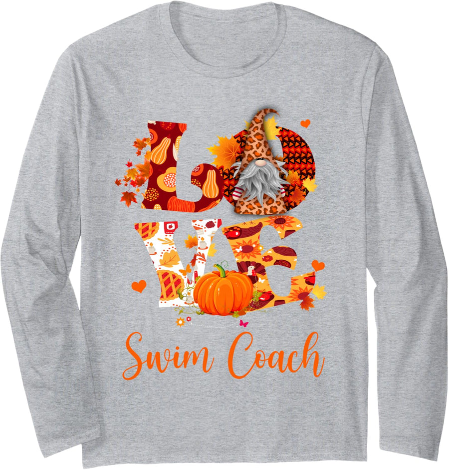 Fall Leopard Love Swim Coach Thanksgiving Gnome Long Sleeve T-Shirt - Adult Unisex Heather Grey