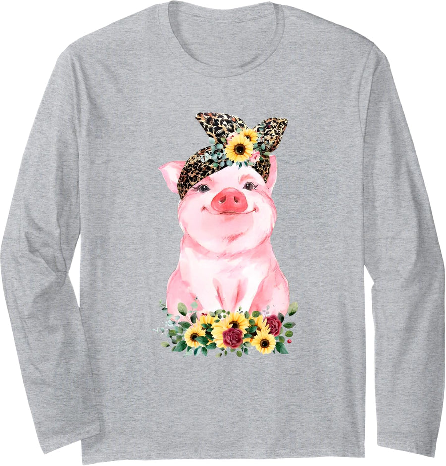 Pig with Leopard Headband Flower Cute Pig Lover Long Sleeve T-Shirt - Adult Unisex Heather Grey