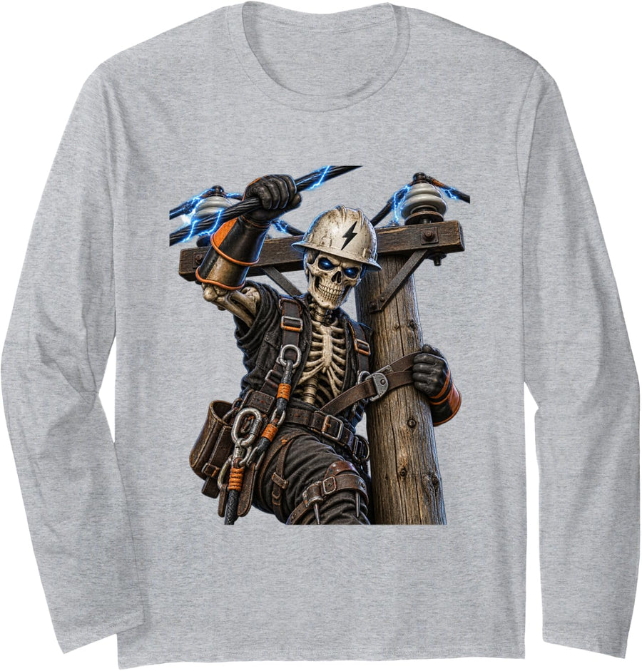 Skeleton Lineman Design for Lineworkers and Lineman Long Sleeve T-Shirt - Adult Unisex Heather Grey