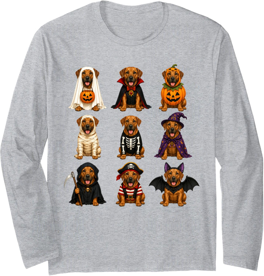 Halloween Rhodesian Ridgeback Squad Pumpkin Vampire Mummy Long Sleeve T-Shirt - Adult Unisex Heather Grey