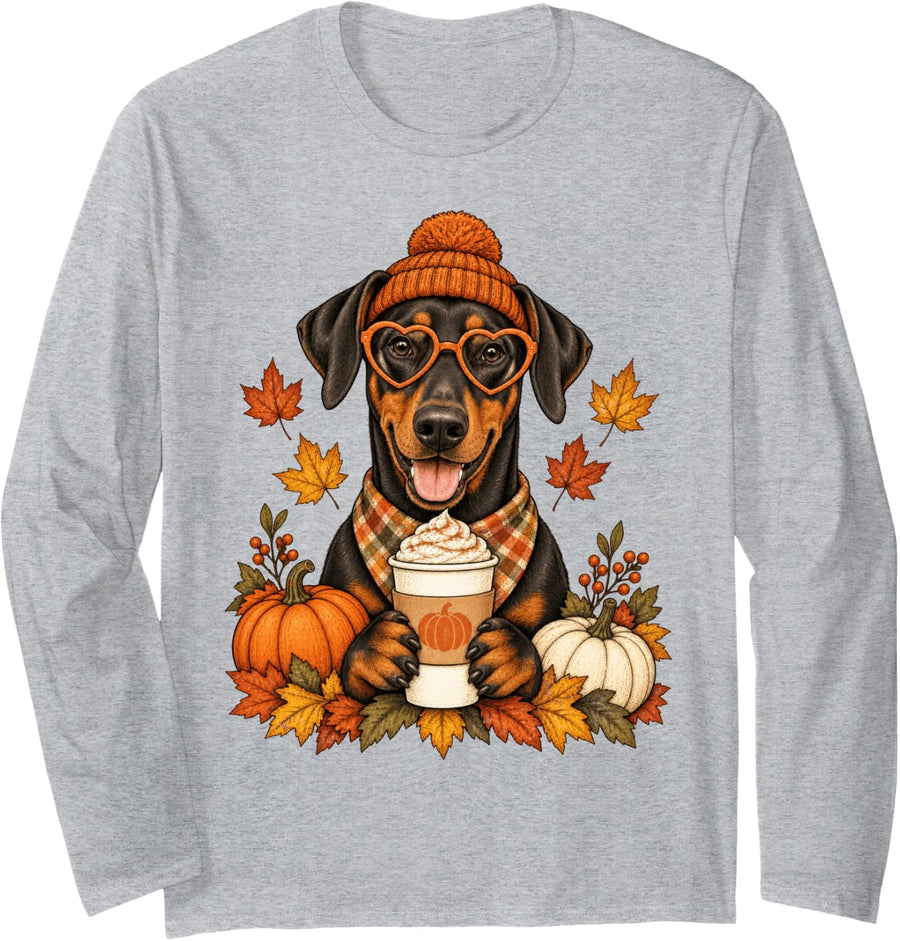 Doberman Pinscher Fall Autumn Season Pumpkin Spice Dobie Dog Long Sleeve T-Shirt - Adult Unisex Heather Grey