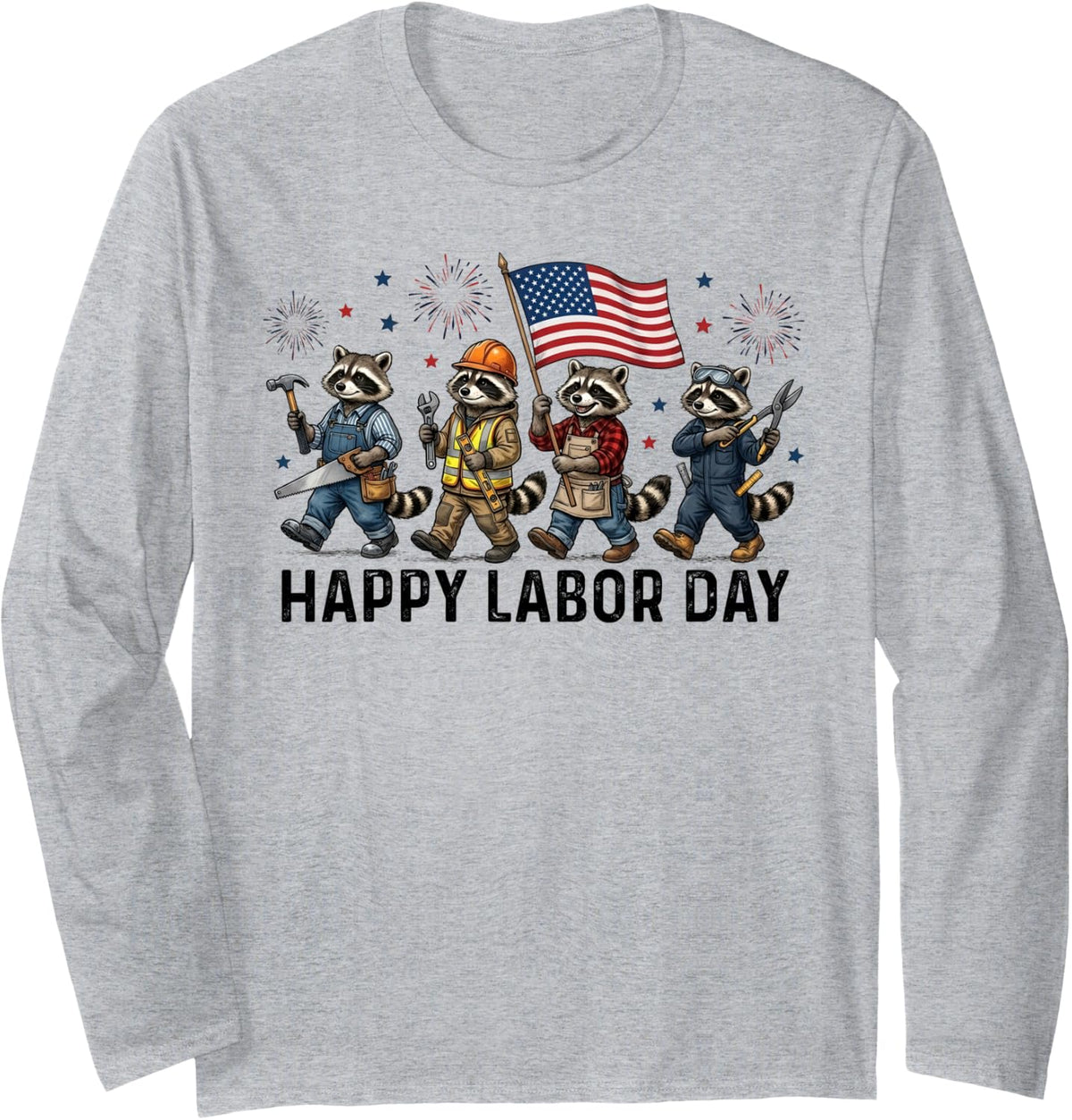 Happy Labor Day Raccoon US American Flag Long Sleeve T-Shirt - Adult Unisex Heather Grey
