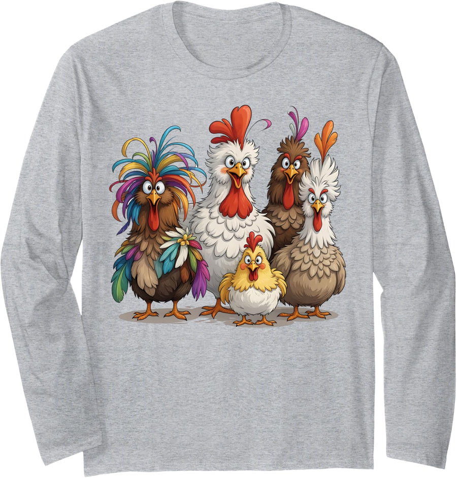 Funny Chicken Art Crazy Chicken Family For Men Women Kids Long Sleeve T-Shirt - Adult Unisex Heather Grey