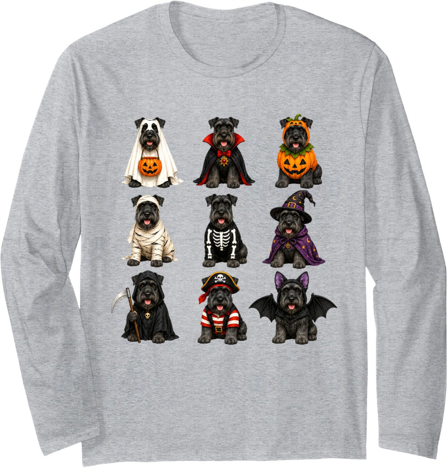 Halloween Giant Schnauzer Squad Pumpkin Vampire Mummy Witch Long Sleeve T-Shirt - Adult Unisex Heather Grey