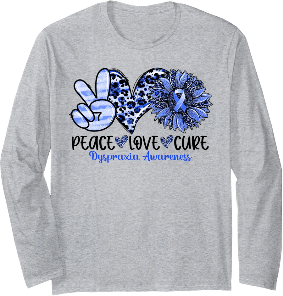 Peace Love Cure Sunflower Blue Ribbon Dyspraxia Awareness Long Sleeve T-Shirt - Adult Unisex Heather Grey