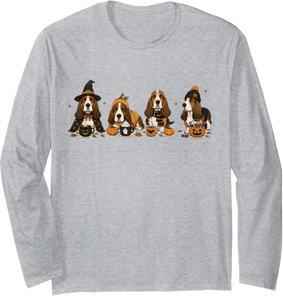Basset Hound Halloween Spooky Basset Hound Dog Long Sleeve T-Shirt - Adult Unisex Heather Grey