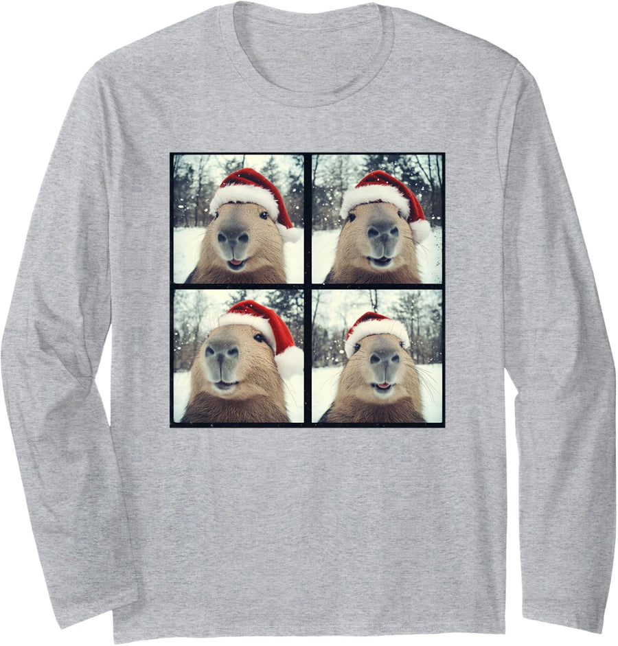 Capybara Selfie Christmas Photobooth Long Sleeve T-Shirt - Adult Unisex Heather Grey